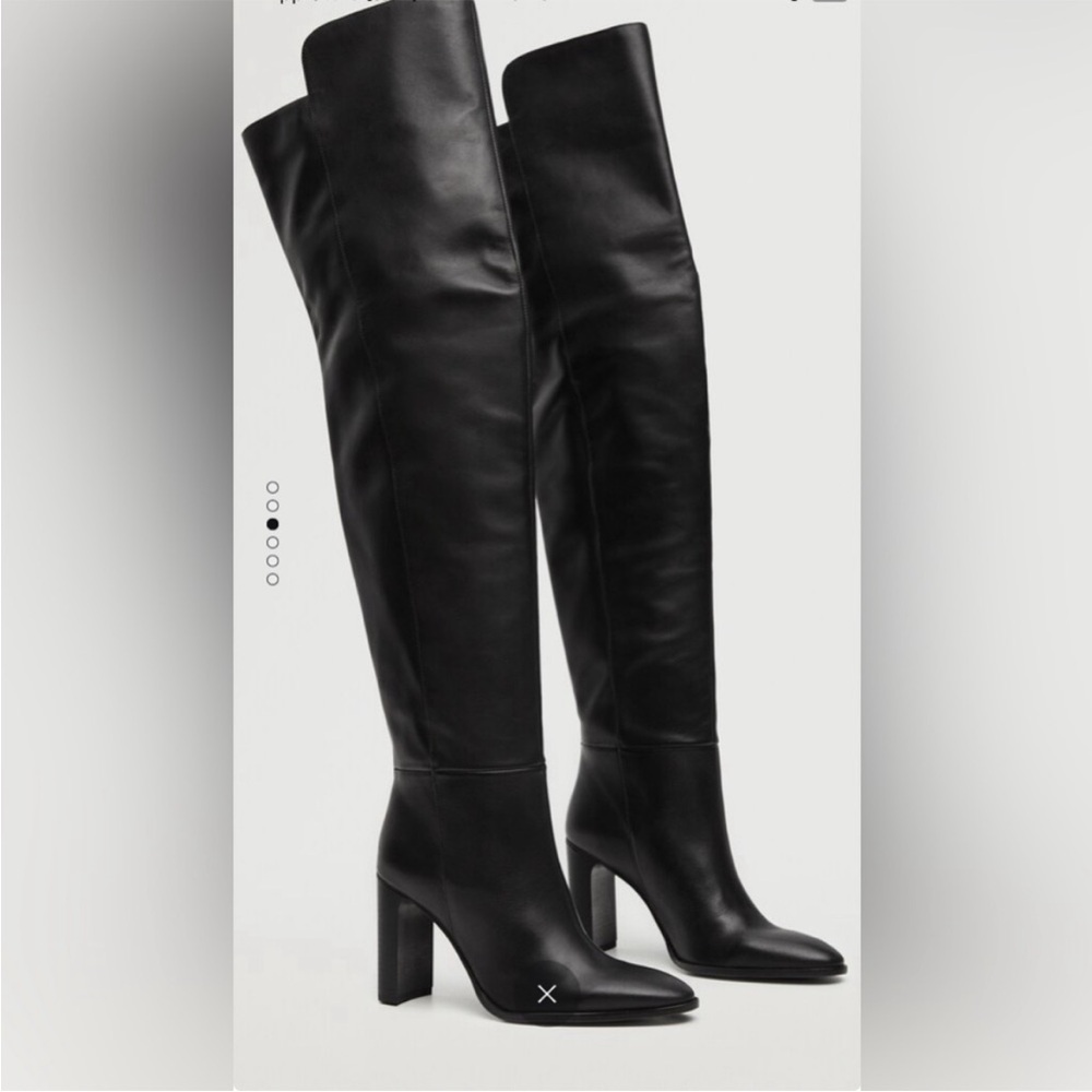 MANGO Over-the-Knee Black REAL Leather Block-Heel Boots size 39 8 8.5